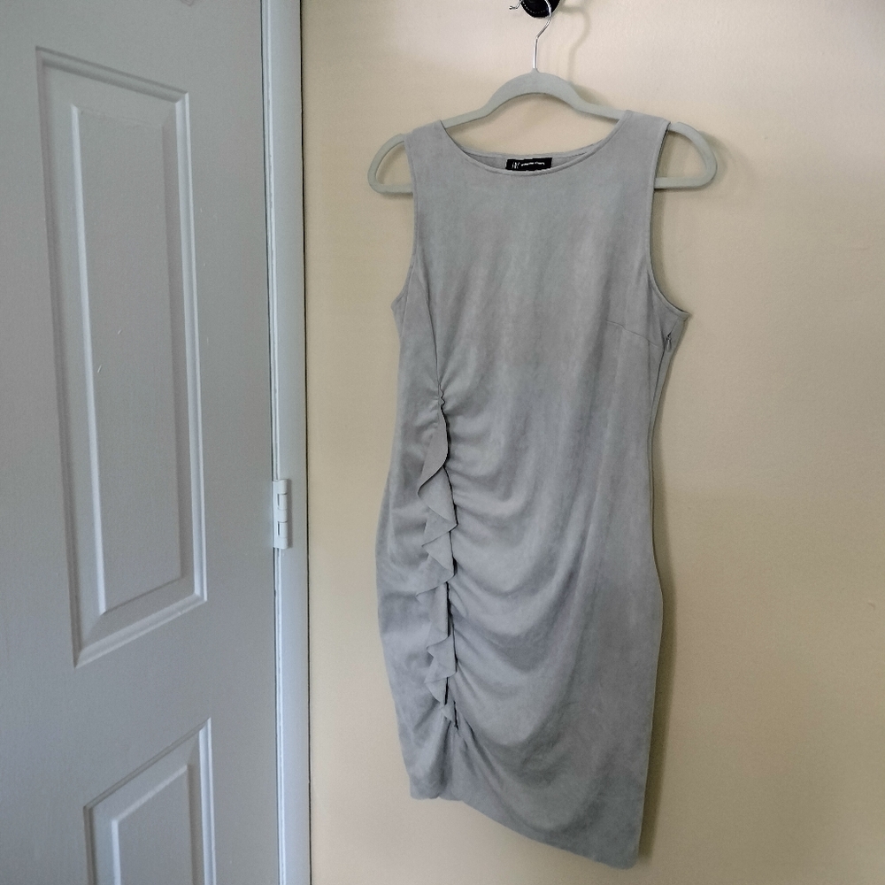 INC Sexy Figure Flattering Side Ruffle Sheath Gray Sleeveless Dress PL Stretch